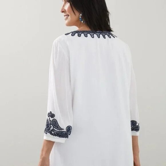 Chicos White Gauze 3/4 Sleeve V-Neck Lined Navy Beaded Embellished Tunic 16/18 - Picture 9 of 14